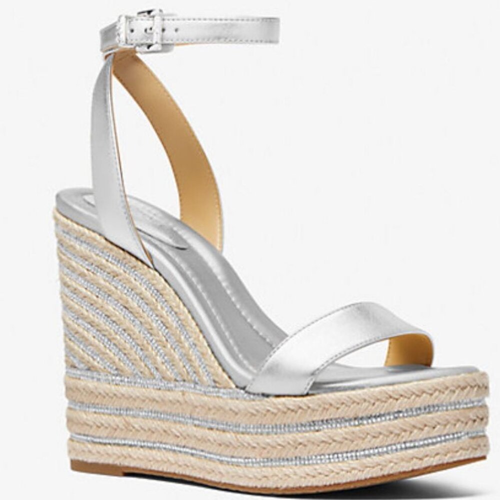 MICHAEL KORS LEIGHTON METALLIC LEATHER WEDGE SANDAL
